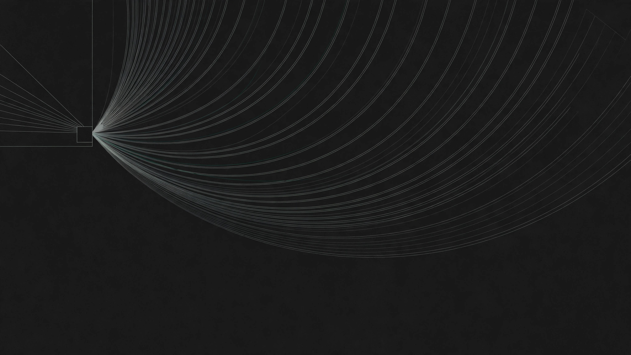 Abstract dark artwork: soft concentric arcs in pale keylines on charcoal with a small black square.