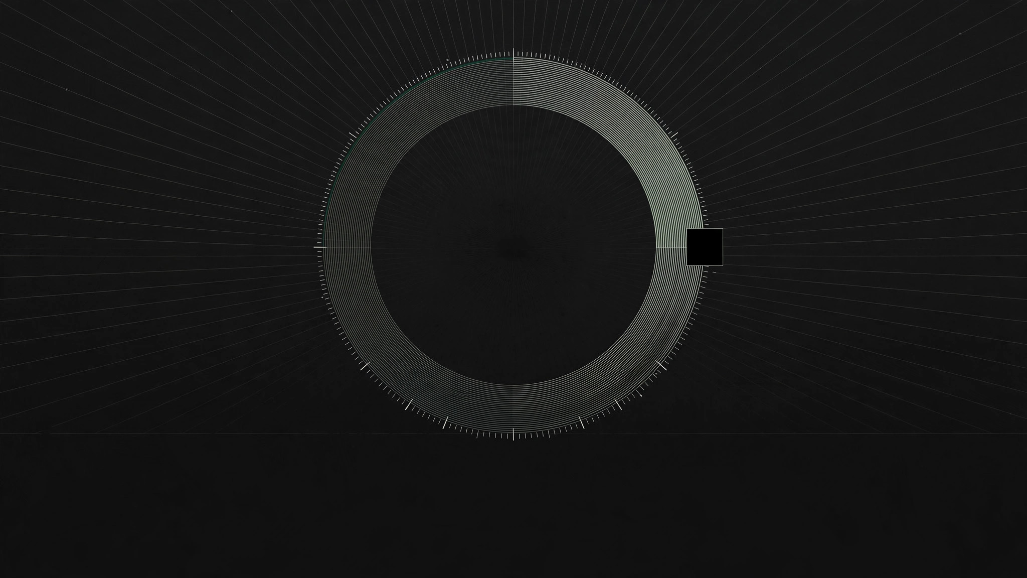 Abstract dark artwork: concentric keyline rings like a dial on charcoal with a black square on the ring.