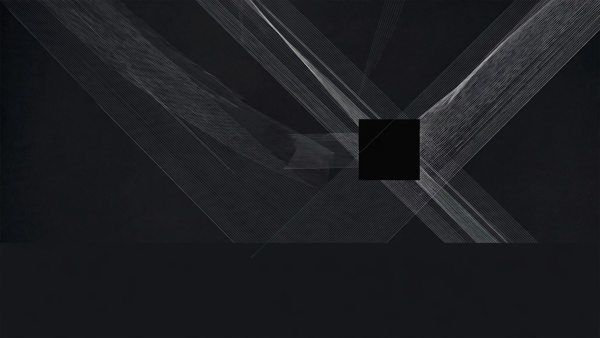 Abstract dark artwork: diagonal keyline planes intersecting across a charcoal field, anchored by a black square.