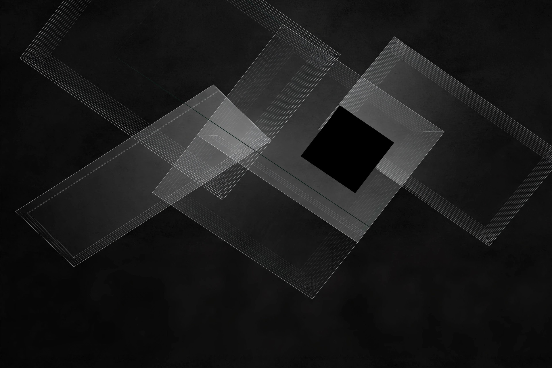 Abstract dark artwork: overlapping translucent wireframe planes in keylines on charcoal.