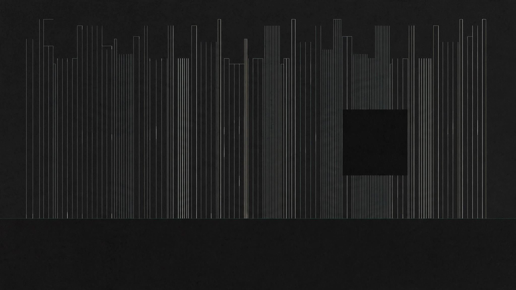 Abstract dark artwork: a rhythm of tall vertical keyline columns on charcoal with a black square.
