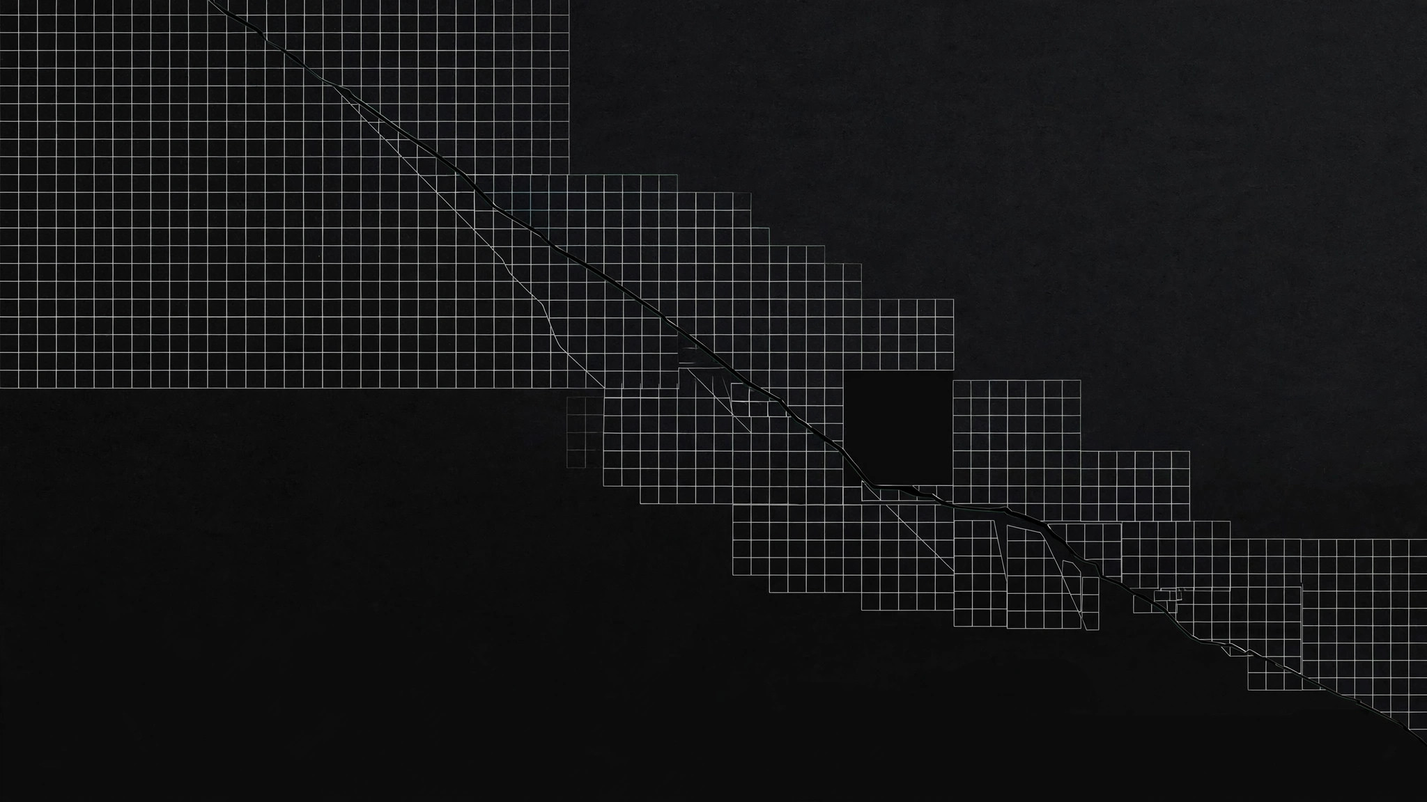 Abstract dark artwork: a fractured keyline grid with a fault line offsetting the pattern on charcoal.