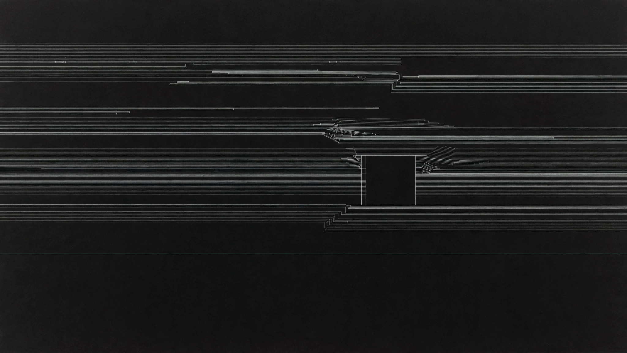 Abstract dark artwork: horizontal strata of fine keylines layered across charcoal with an embedded black square.
