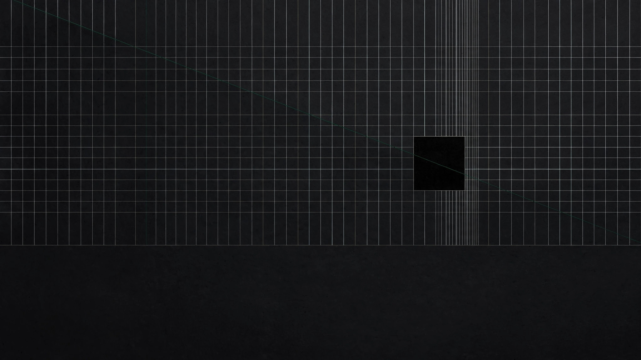 Abstract dark artwork: a precise white keyline grid on charcoal with a single emphasized black square.